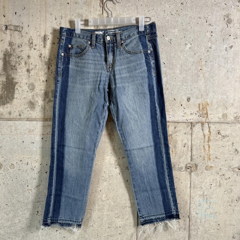 Mossimo Jeans Womens 4/27R Blue Boyfriend Crop Raw Hem Side‎ Stripe Denim Pants
